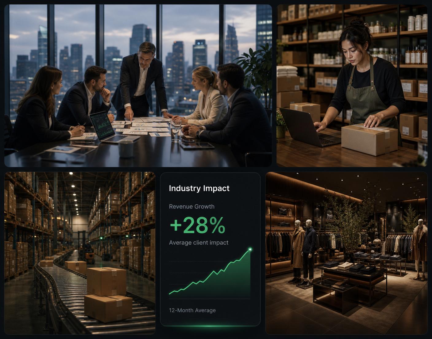 Crestmont industries collage — executives collaborating, ecommerce operator, warehouse fulfillment, premium retail, and industry impact analytics